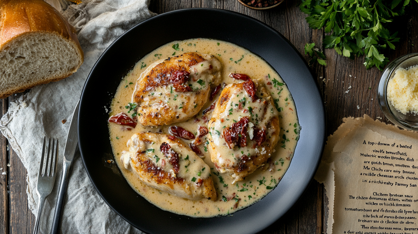 Marry Me Chicken served on a white plate with creamy tomato sauce and fresh basil garnish.